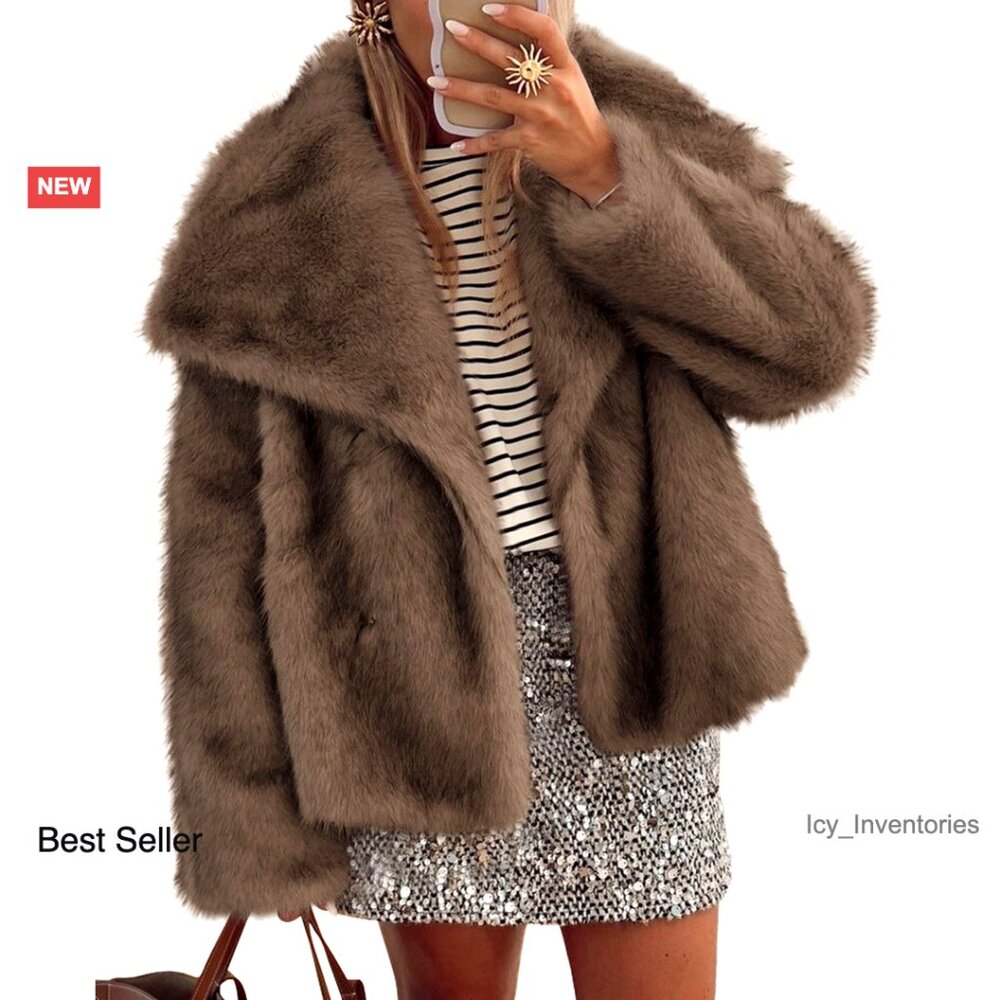 Faux Fur Jacket Women's Long Sleeve Button Lapel Winter Coat Trendy Outwear